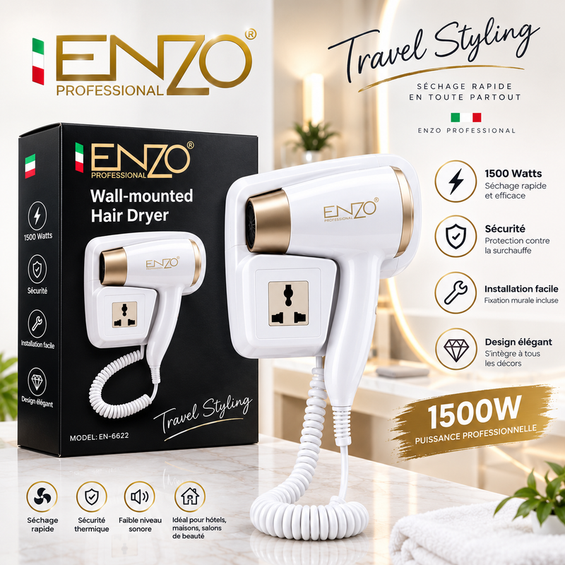 مجفف الشعر الجداري ENZO (1500 واط) – راحة وفخامة الفنادق في حمامك!